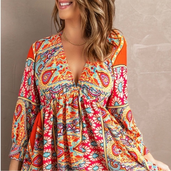 New Multicolour V Neck 3/4 Sleeve Bohemian Vintage Print Mini Dress - Picture 2 of 10